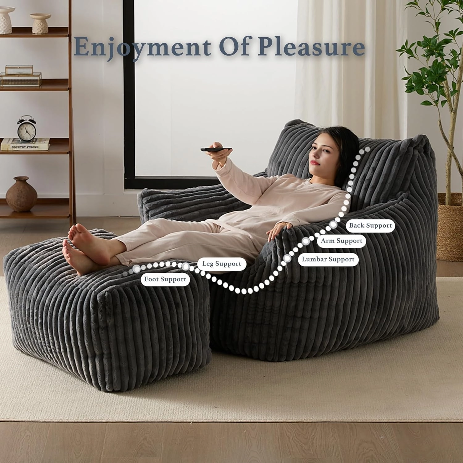 Giant Plush Bean Bag Chair for Adults with Armrests and Footstool - Oversized Comfy Grey Beanbag Chaise Lounge Lazy Floor Sofa Chair for Living Room, Bedroom & Dorm, Cozy Fluffy Cloud Mini Couch