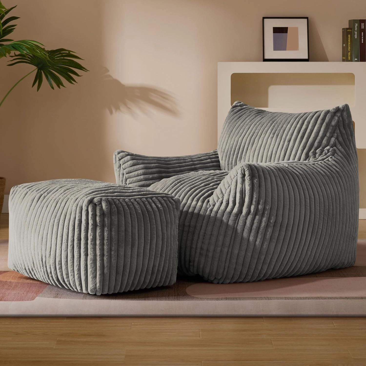 Giant Plush Bean Bag Chair for Adults with Armrests and Footstool - Oversized Comfy Light Grey Beanbag Chaise Lounge Lazy Floor Sofa Chair for Living Room, Bedroom & Dorm, Cozy Fluffy Cloud Mini Couch