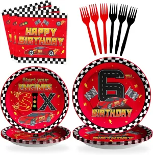 Grencian 96Pcs Red Race Car 6th Birthday Party Decorations Supplies Hot Car Plates and Napkins Racing Themed Disposable Tableware Set for 6 years old Boys Transportation Birthday Party Serve 24