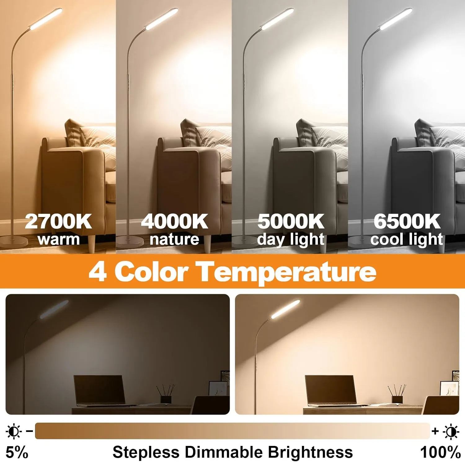Grey LED Floor Lamp, 18W 1800LM Bright, Remote Controlled, Dimmable, Eye-Caring Reading Light for Living Room, Bedroom, Office