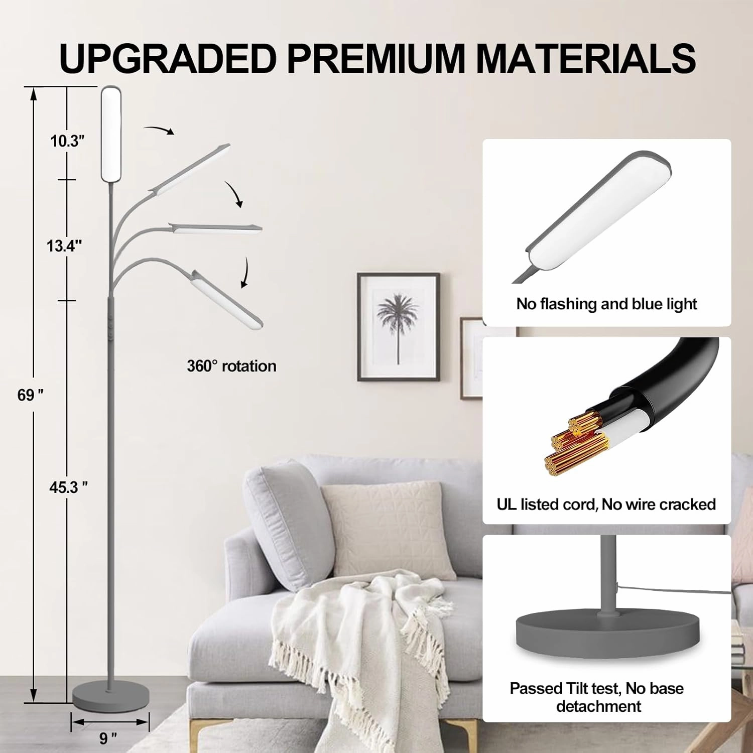 Grey LED Floor Lamp, 18W 1800LM Bright, Remote Controlled, Dimmable, Eye-Caring Reading Light for Living Room, Bedroom, Office