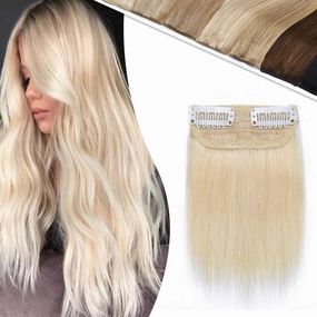 Hairro Human Hair Clip in Mini Hair Extensions for Men and Women 12 Inch Blond Platinum Short Straight Clip on Remy Hair Wiglet Topper Seamless Filler Hairpieces for Thinning Hair and Baldness