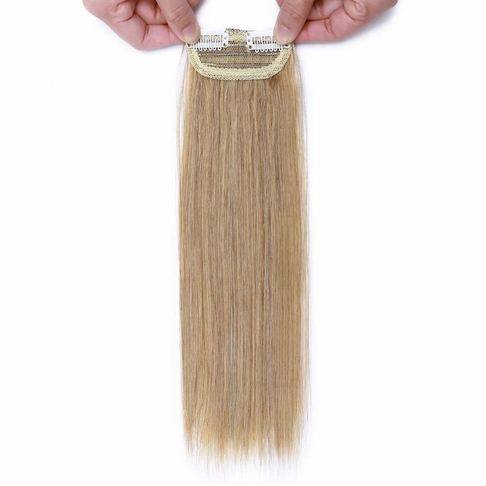 Hairro Human Hair Clip in Mini Hair Extensions for Men and Women 8 Inch #27 Dark Blonde Short Straight Clip on Remy Hair Wiglet Topper Seamless Filler Hairpieces for Thinning Hair and Baldness