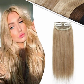 Hairro Human Hair Clip in Mini Hair Extensions for Men and Women 8 Inch #27 Dark Blonde Short Straight Clip on Remy Hair Wiglet Topper Seamless Filler Hairpieces for Thinning Hair and Baldness