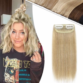 Hairro Human Hair Clip in Mini Hair Extensions for Women 12 Inch #24 Natural Blonde Short Straight Clip on Remy Hair Wiglet Topper Seamless Filler Hairpieces for Thinning Hair and Baldness
