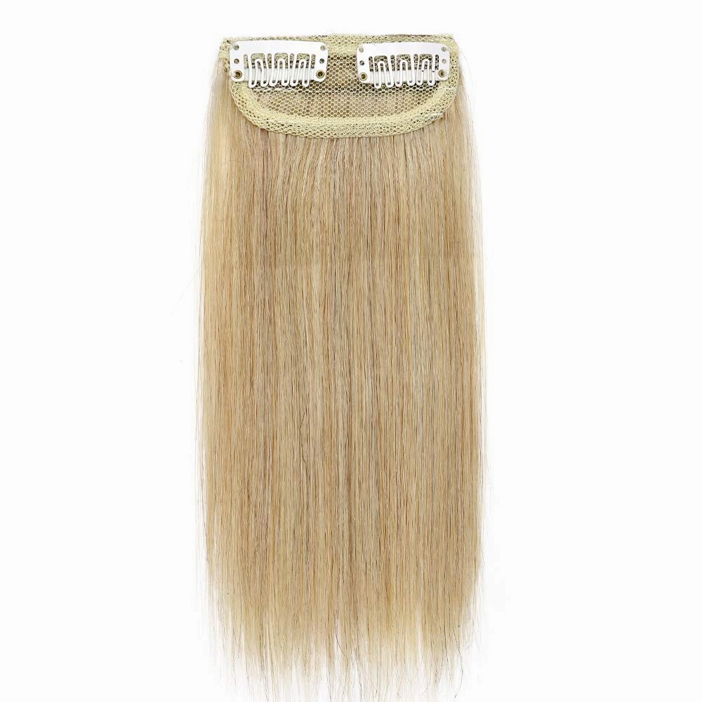 Hairro Human Hair Clip in Mini Hair Extensions for Women 12 Inch #24 Natural Blonde Short Straight Clip on Remy Hair Wiglet Topper Seamless Filler Hairpieces for Thinning Hair and Baldness