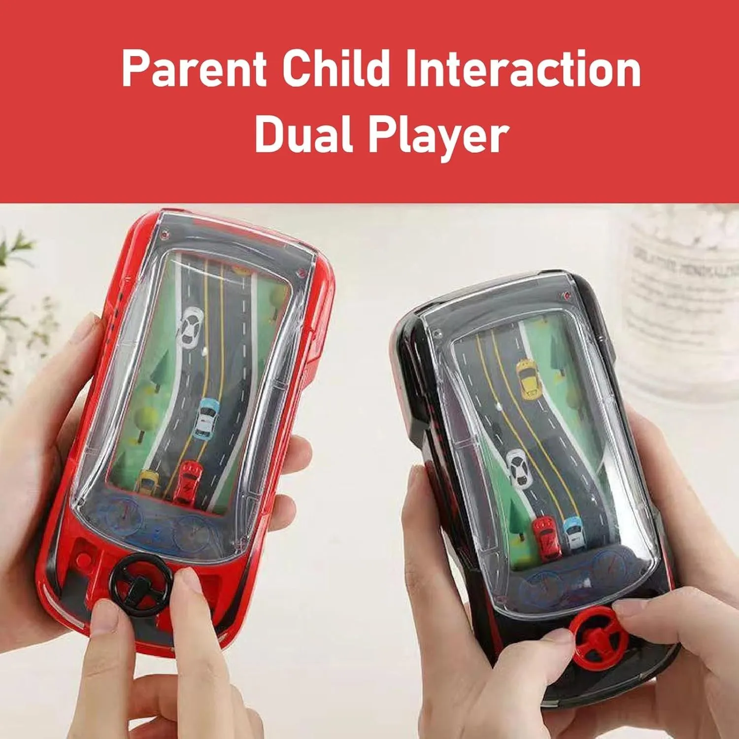 Handheld Racing Game,Racing Car Adventure Toys,Machine Logic Thinking Training Innovative Racer with Steering Wheel,Driving Simulator Small Car with Dual Player Mode for Family Play(Black Red)
