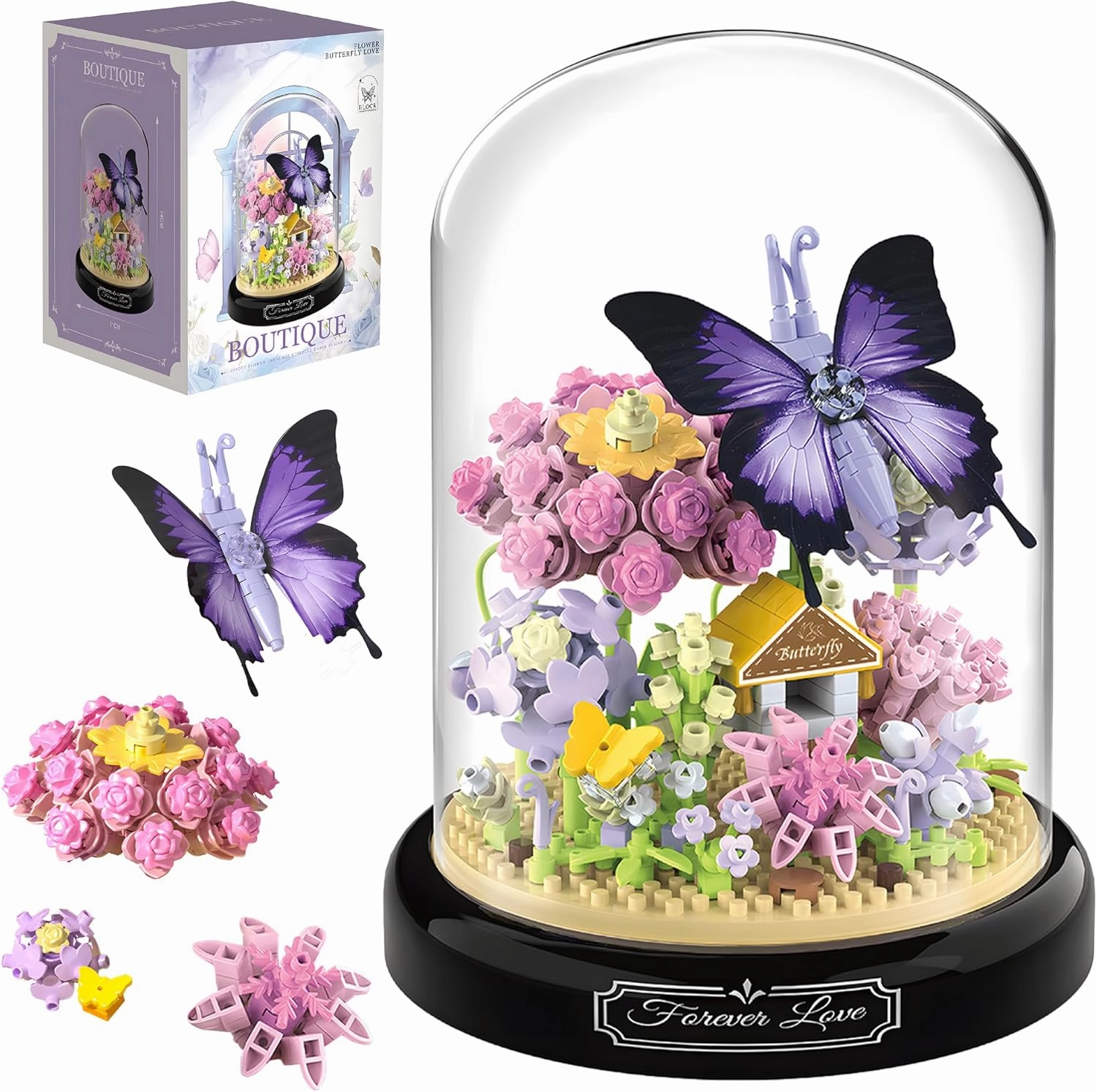 HI-REEKE Flower Butterfly Bouquet Building Block Set, Micro Mini Botanical Building Toy for Women-582 PCS
