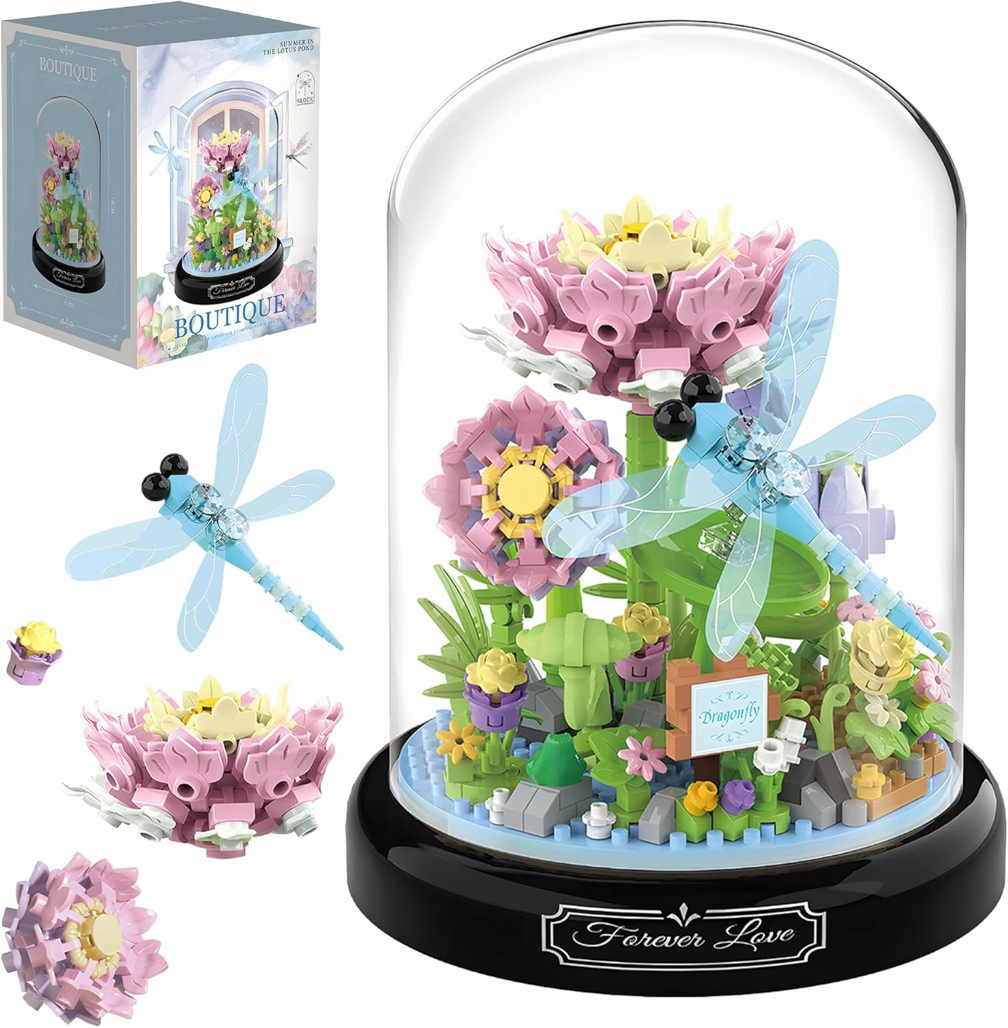 HI-REEKE Flower Dragonfly Bouquet Building Block Set, Micro Mini Botanical Building Toy for Women-568 PCS