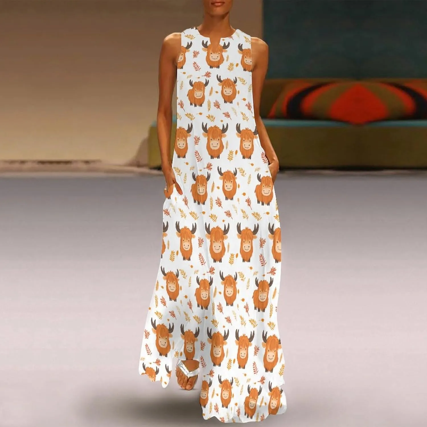 Highland Cow Leaf Women's Maxi Dress V-Neck Sleeveless Summer Casual Beach Long Dresses