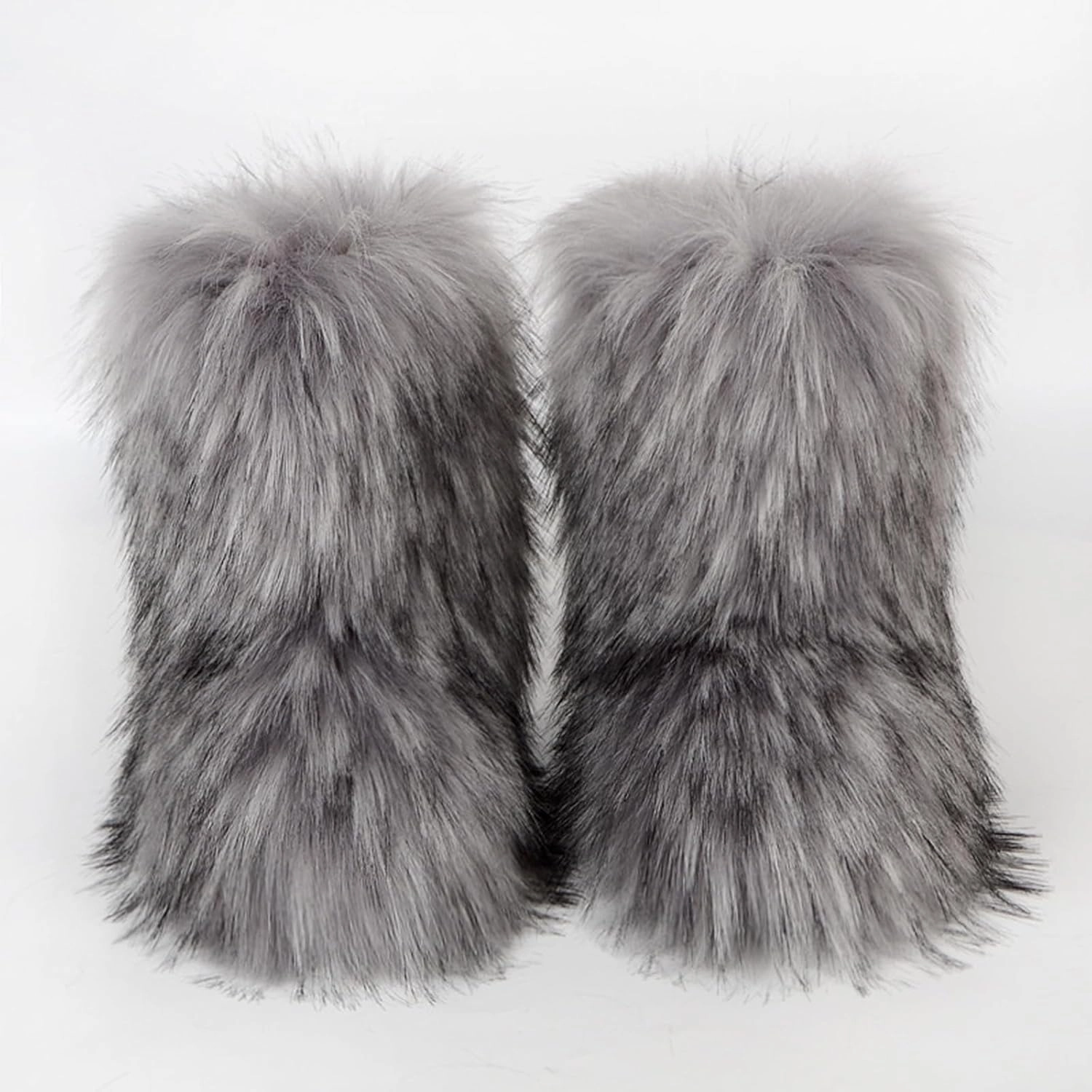 HINDOLA Womens Faux Fur Boots Fuzzy Fluffy Furry Round Toe Suede Boots Winter Comfy Plush Warm Snow Boots Comfortable Winter Ankle Booties Anti Slip Outdoor Indoor Flat Shoes