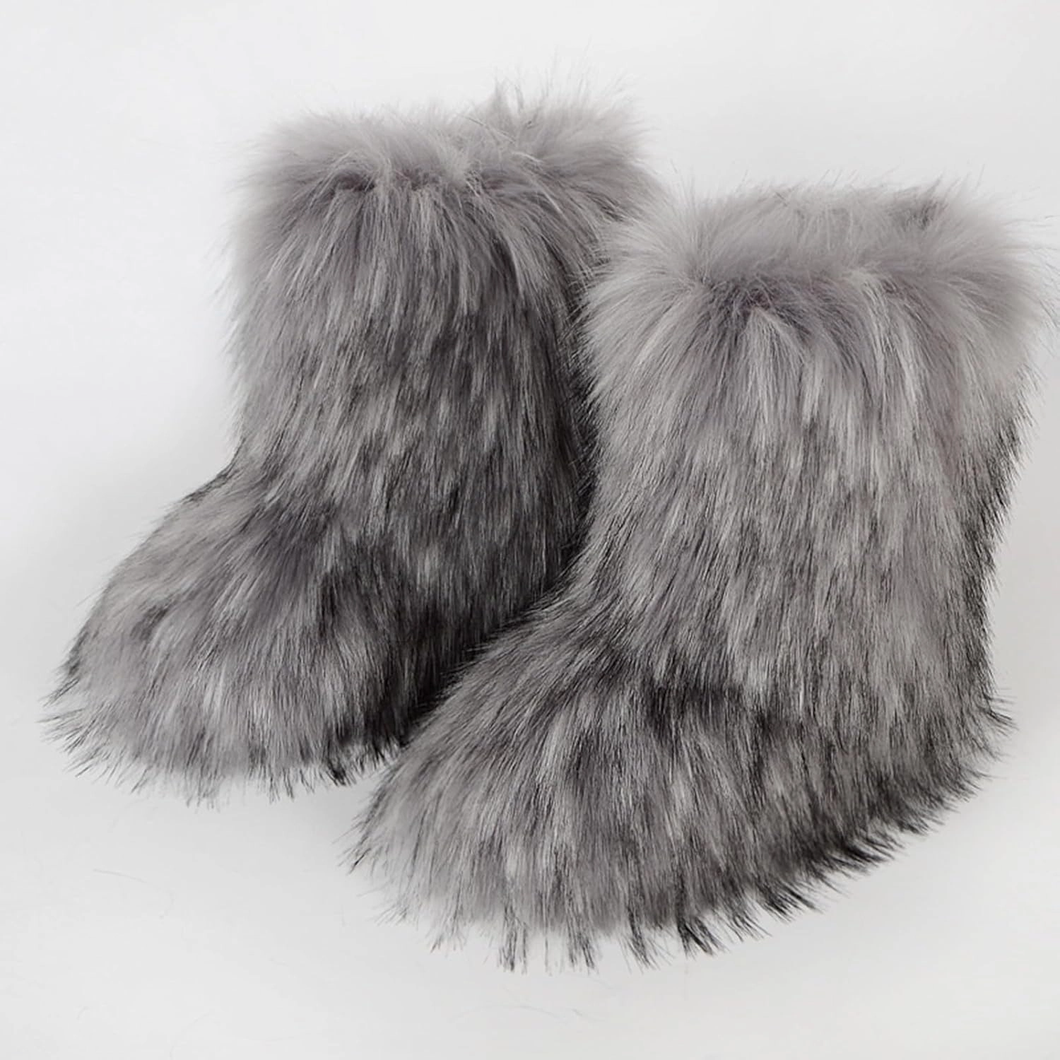 HINDOLA Womens Faux Fur Boots Fuzzy Fluffy Furry Round Toe Suede Boots Winter Comfy Plush Warm Snow Boots Comfortable Winter Ankle Booties Anti Slip Outdoor Indoor Flat Shoes