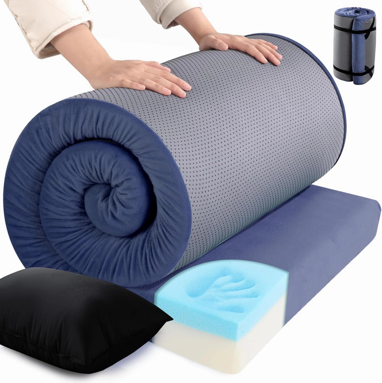 HOMBYS 3 INCH Memory Foam Camping Mattress with Portable Pillow for Outdoor Sleeping, Roll Up Mattress Topper Pad Mat for Travel Truck Bed Tent