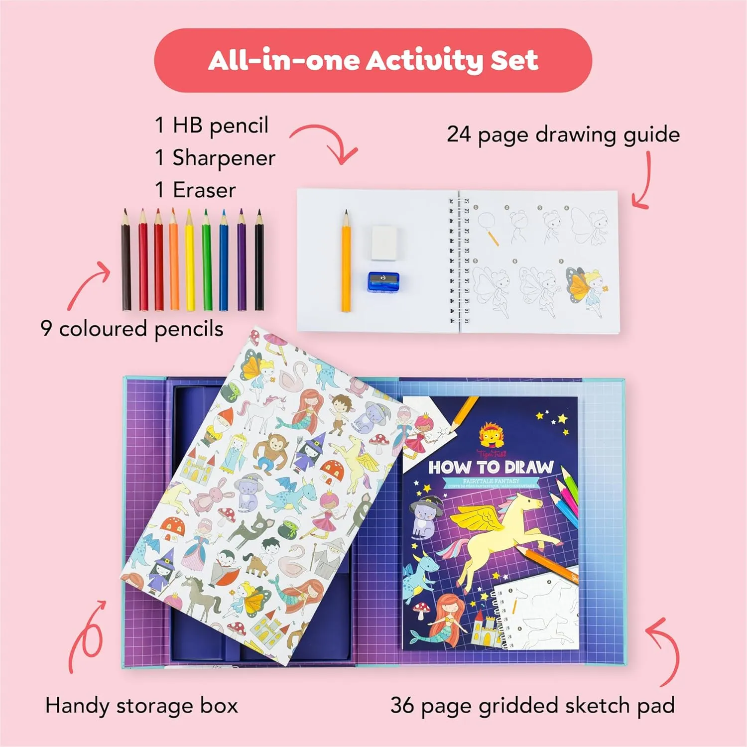 How to Draw - Fairytale Fantasy - Guided Drawing Activity Set for Kids, incl. Color Pencils, Gridded Art Notepad, Stationery, Great Gift