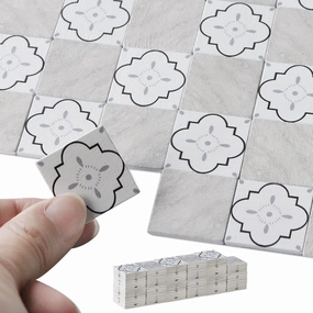 iLAND Dollhouse Flooring on 1/12 Scale 1/6 Scale, Miniature Dollhouse Accessories, 115pcs Double-Sided Dollhouse Floor Tiles (French White Floral & Grey Marble Tiles)