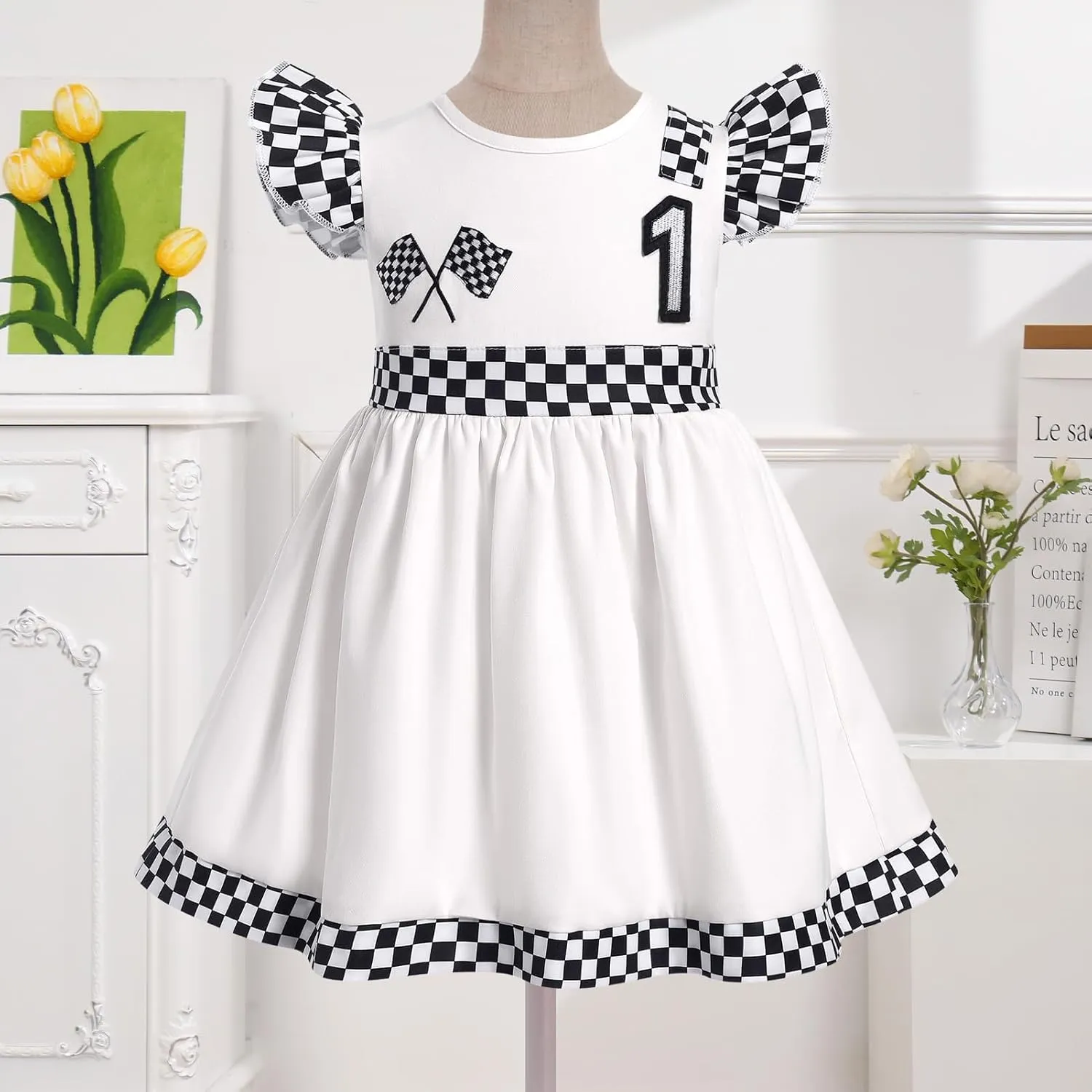 IMEKIS Baby Girl Race Car 1st 2nd Birthday Outfit Ruffle Sleeve Dress Cake Smash Photo Shoot Halloween Costume
