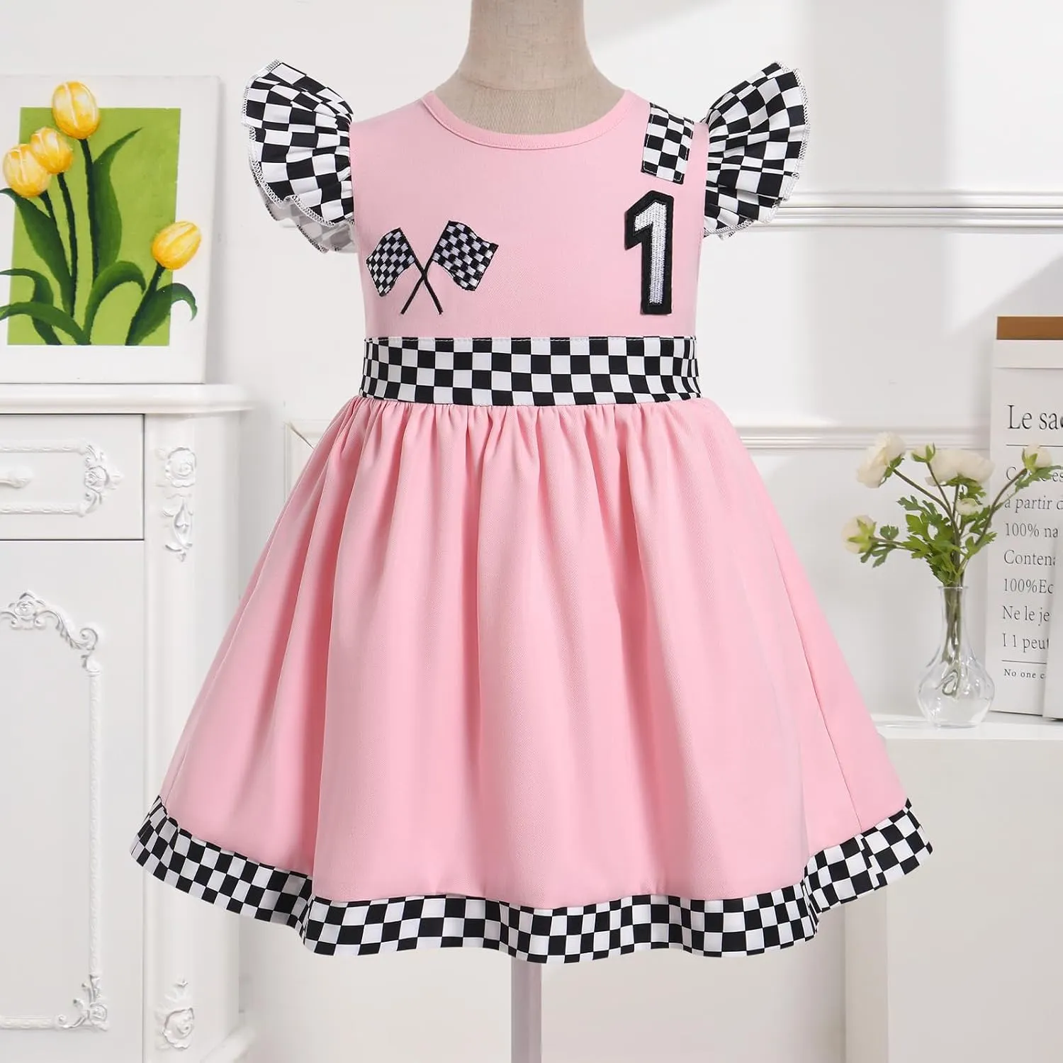IMEKIS Baby Girl Race Car 1st 2nd Birthday Outfit Ruffle Sleeve Dress Cake Smash Photo Shoot Halloween Costume