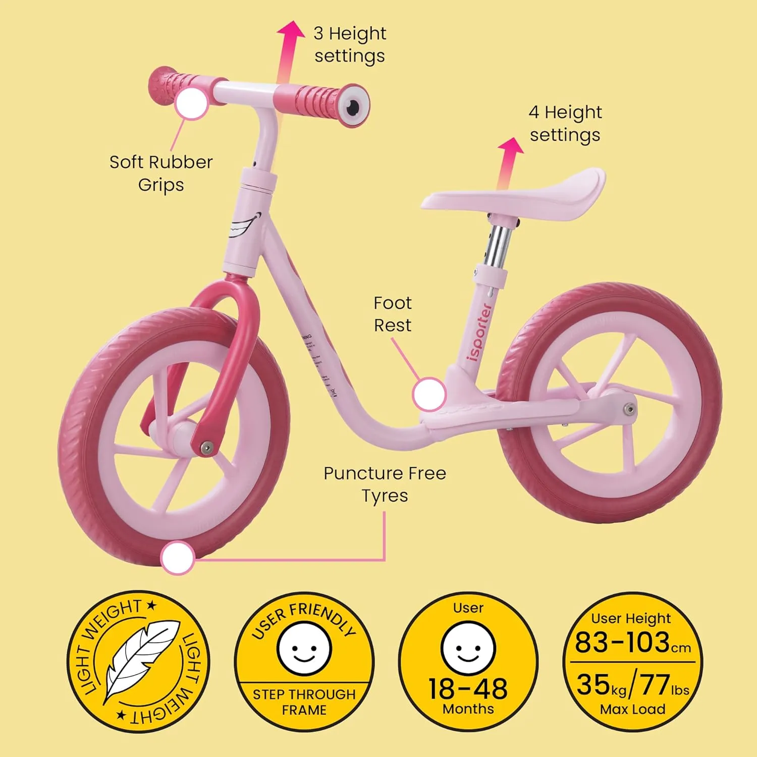 iSporter 10inch or 12inch Kids Balance Bike for Toddler 2 Year Old, Boys Girls Ages 2-5, Gift Push Bikes, No Pedal Training Bicycle, with Footrest, Puncture-proof Tyres, and Height Adjustable