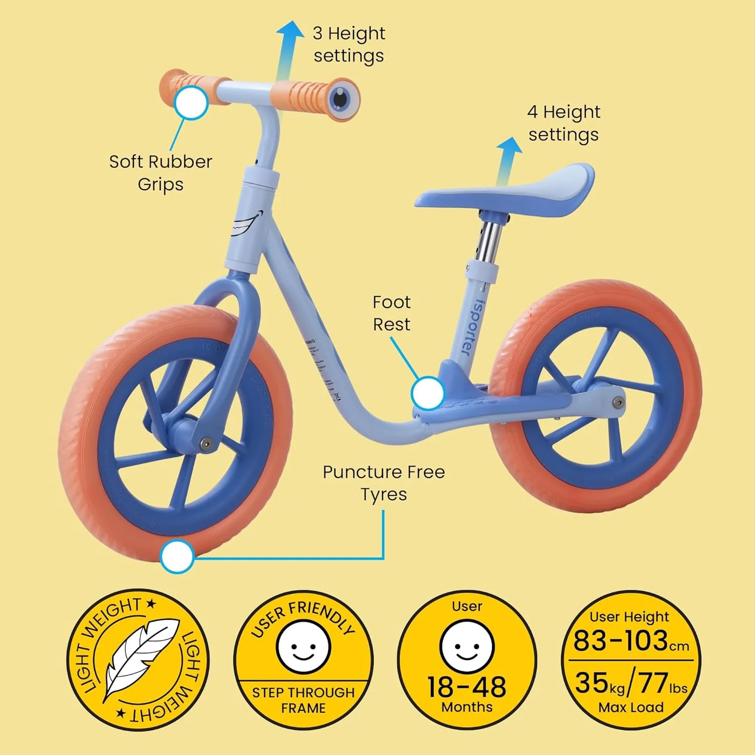 iSporter 10inch or 12inch Kids Balance Bike for Toddler 2 Year Old, Boys Girls Ages 2-5, Gift Push Bikes, No Pedal Training Bicycle, with Footrest, Puncture-proof Tyres, and Height Adjustable