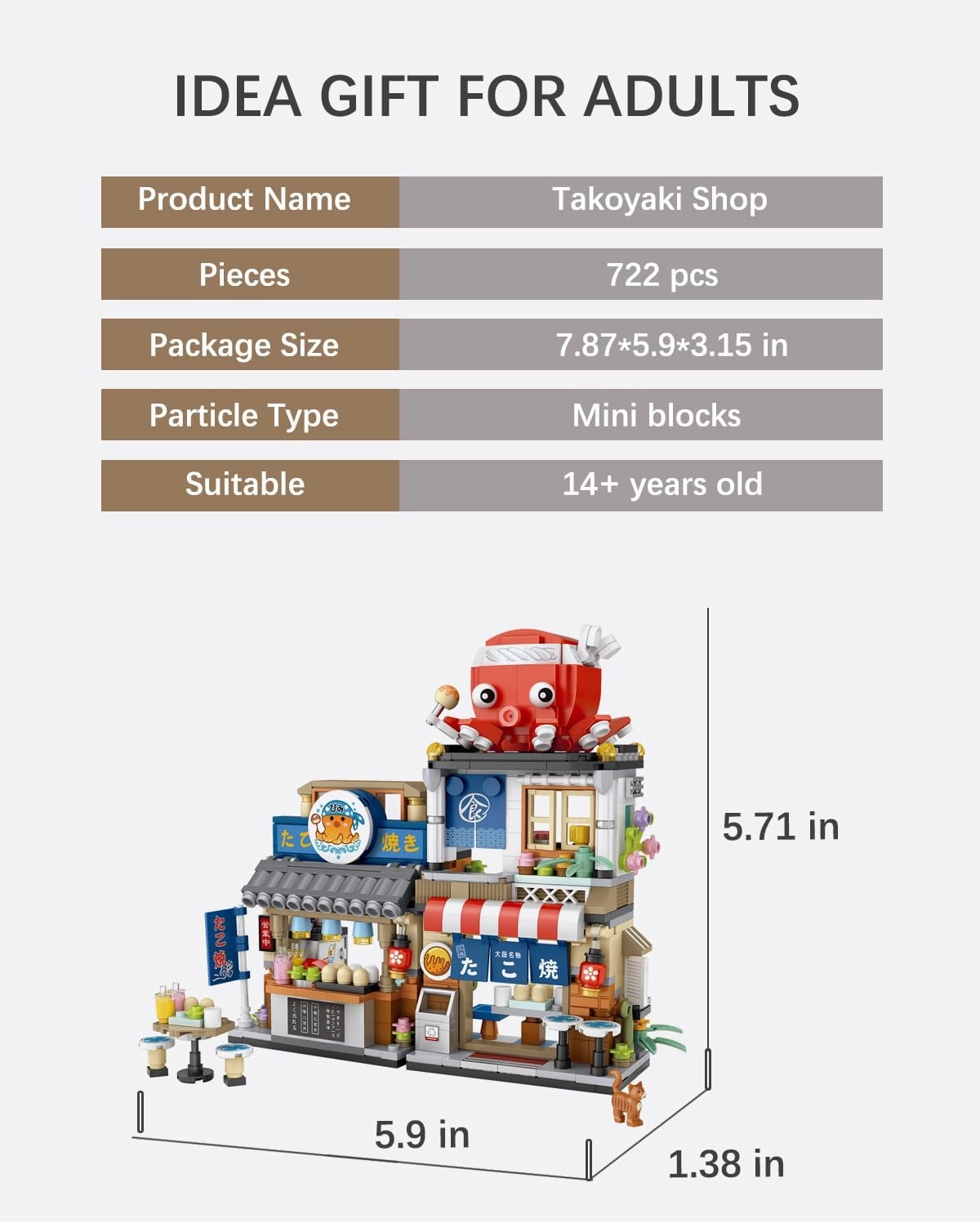 Japanese Street View Takoyaki Shop Building Blocks Set, Theme Store Simulation Architecture Creative Model, Mini Bricks Construction Building Toy for Adults (1218)