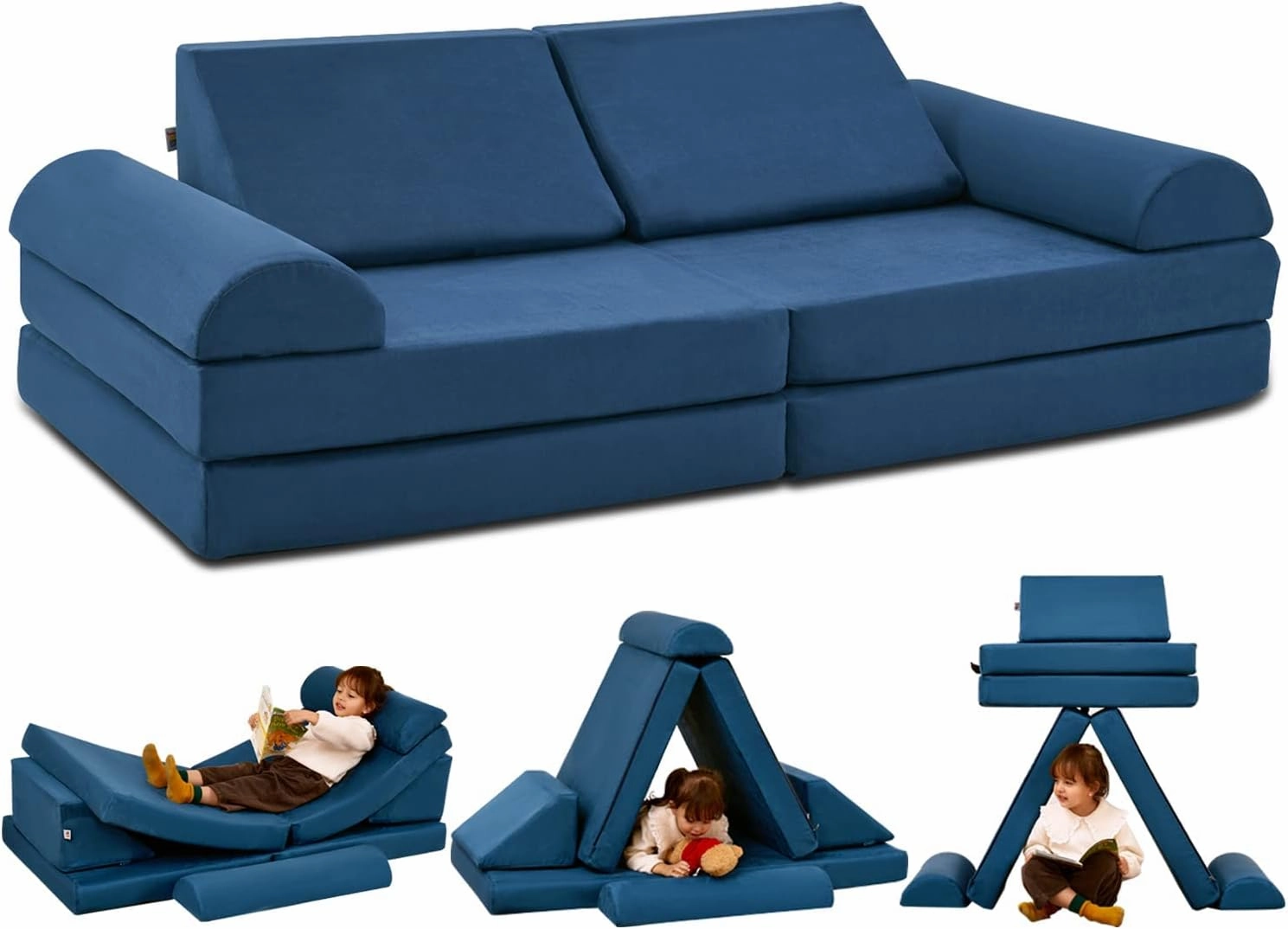 jela Kids Couch Safety Certified Play Couch Soft Kids Sofa with Machine Washable Cover Thick Foam Fort Building Set for Playroom Indoor (57"x28"x18", Navy Blue)