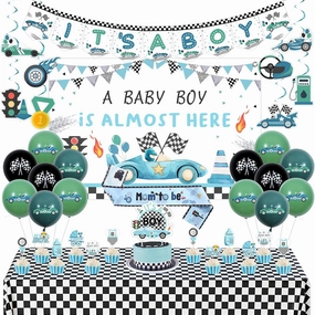 JOYMEMO Vintage Blue Race Car Baby Shower Decorations, A Baby Boy Is Almost Here Backdrop Hanging Swirls Cake Decorations with It’s A Boy Banner Mom to Be Sash, Racing Car Theme Photography Background
