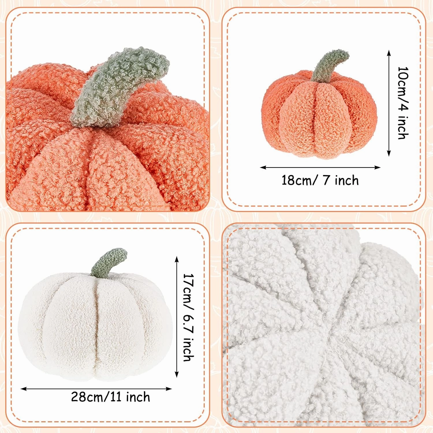 Juexica Halloween Stuffed Pumpkin Fluffy Plush 3D Shaped Decorative Thanksgiving Pillow Soft Cute Throw(White,Orange,2 Pieces)