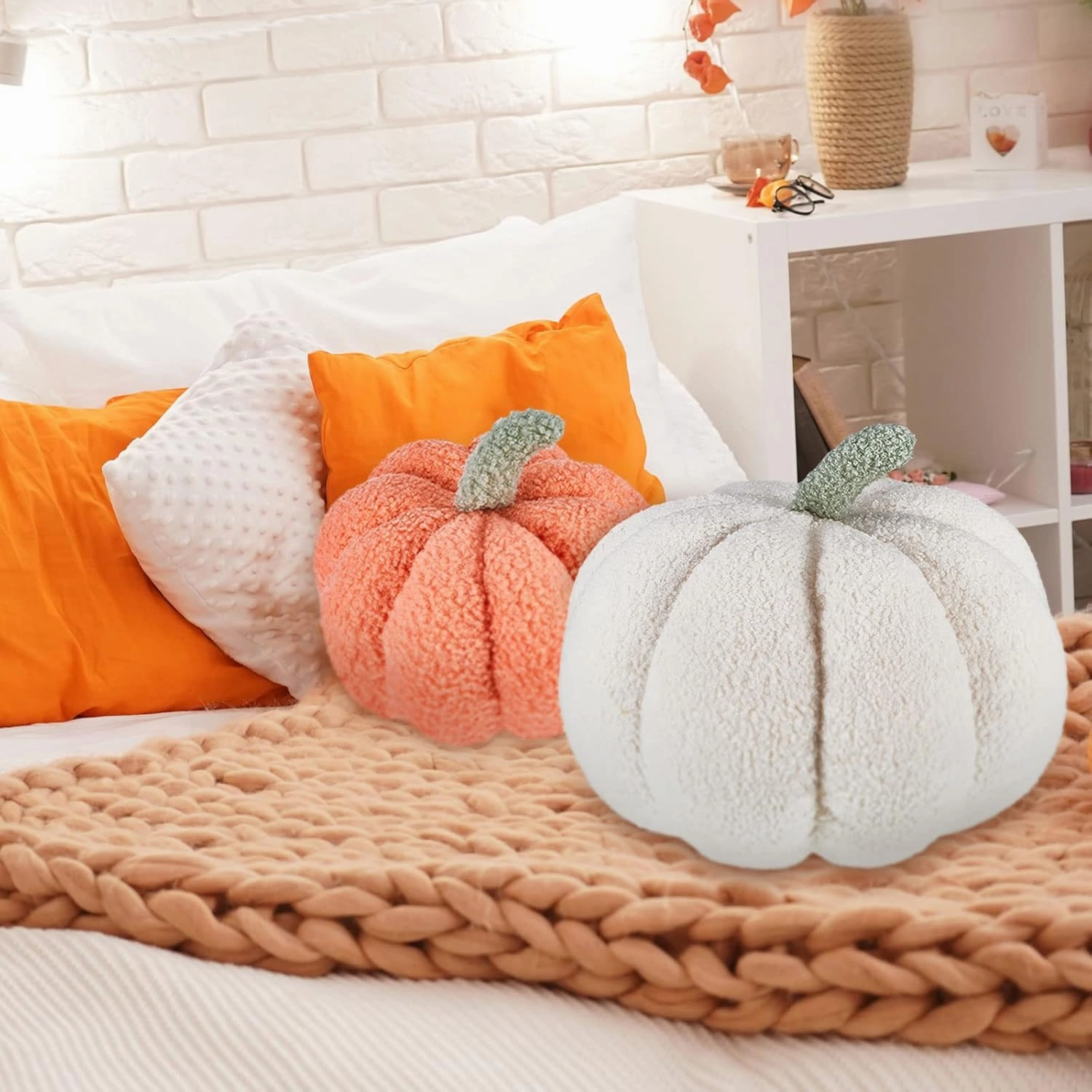 Juexica Halloween Stuffed Pumpkin Fluffy Plush 3D Shaped Decorative Thanksgiving Pillow Soft Cute Throw(White,Orange,2 Pieces)
