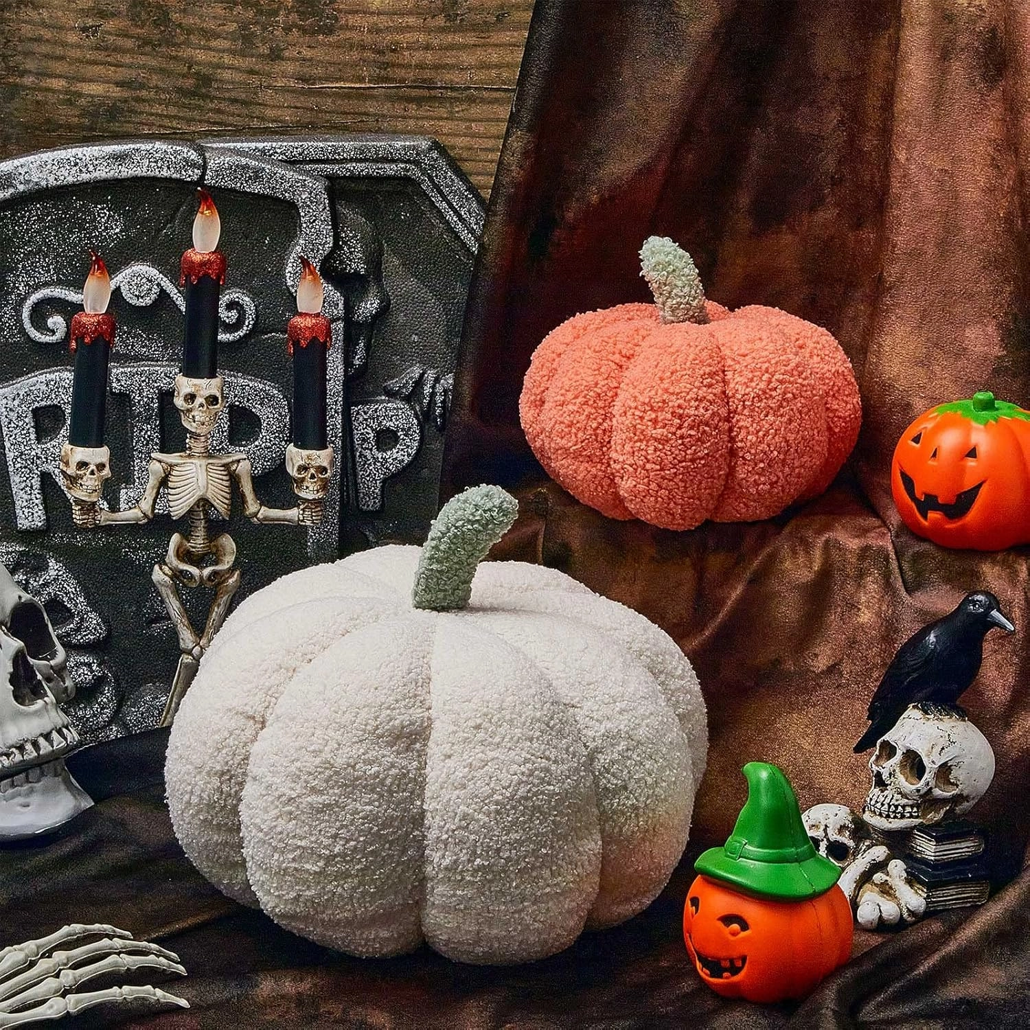 Juexica Halloween Stuffed Pumpkin Fluffy Plush 3D Shaped Decorative Thanksgiving Pillow Soft Cute Throw(White,Orange,2 Pieces)