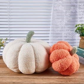 Juexica Halloween Stuffed Pumpkin Fluffy Plush 3D Shaped Decorative Thanksgiving Pillow Soft Cute Throw(White,Orange,2 Pieces)