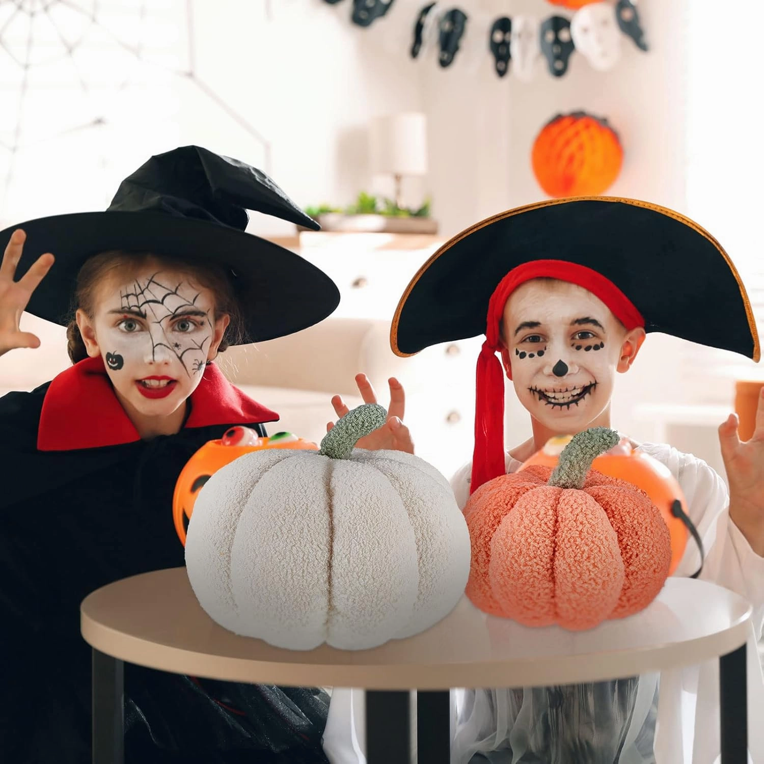 Juexica Halloween Stuffed Pumpkin Fluffy Plush 3D Shaped Decorative Thanksgiving Pillow Soft Cute Throw(White,Orange,2 Pieces)