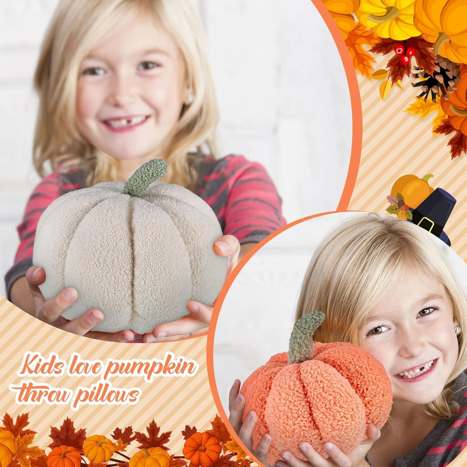 Juexica Halloween Stuffed Pumpkin Fluffy Plush 3D Shaped Decorative Thanksgiving Pillow Soft Cute Throw(White,Orange,2 Pieces)