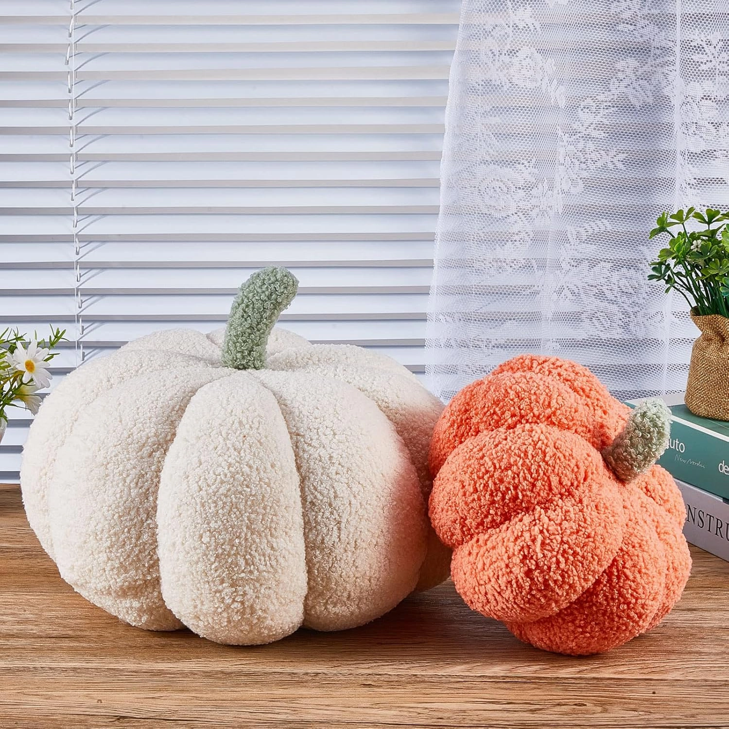 Juexica Halloween Stuffed Pumpkin Fluffy Plush 3D Shaped Decorative Thanksgiving Pillow Soft Cute Throw(White,Orange,2 Pieces)
