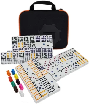 Kalolary Double 12 Mexican Train Dominoes, 91 Tiles Dot Dominoes Games in a Nylon Box with 9 Trains Instruction Booklet Score Pads and Octagon Shape Hub Family Party Table Games