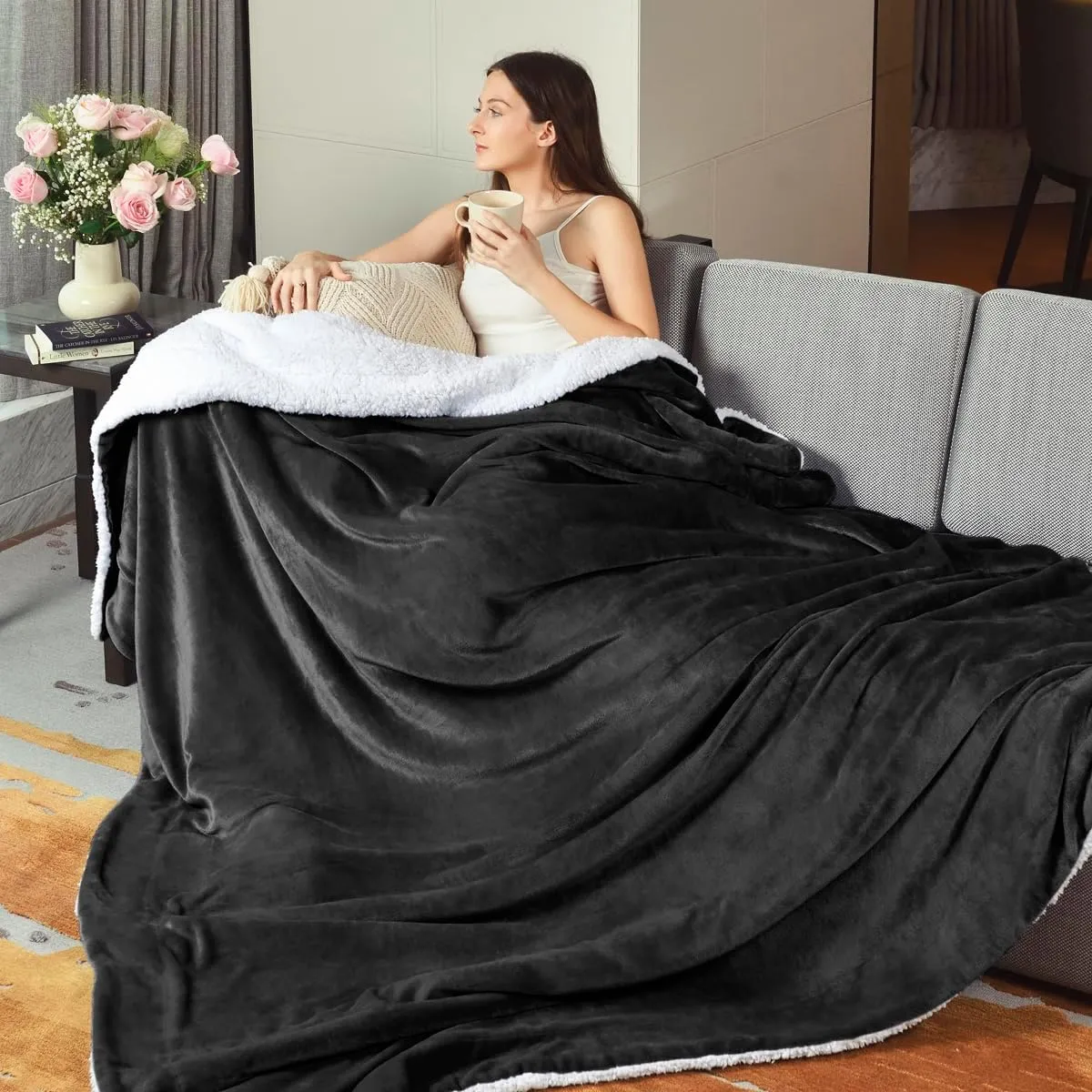 KAWAHOME Sherpa Fleece Queen Size Blanket for Bed - Extra Warm and Heavy Thick Blankets for Winter, Super Soft 500GSM Plush Blanket, 90"X 90" Dark Grey