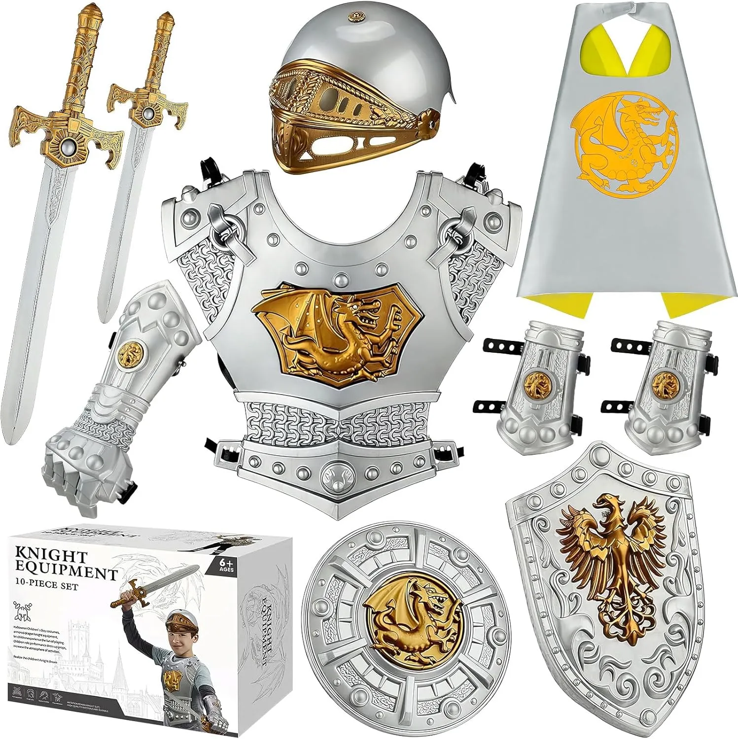 Kids Medieval Knight Armor Costume Set with Helmet, Shields, Chest Piece, Swords and Cape, Easter Birthday Gifts for Kids Pretend Role Play Plastic Toy Royal Silver Knight Dress Up