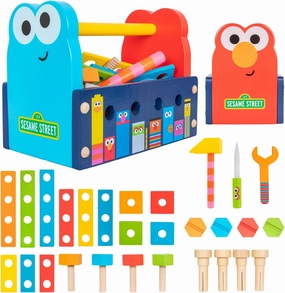 KIDS PREFERRED Sesame Street Wood Toolbox with Building Toys for Toddlers