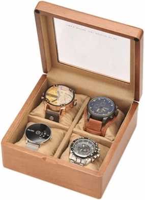 KYUSAR Watch Box Watch Holder Wooden Watch Box With Transparent Glass Top Cover, 4-digit Storage Watch Box,Jewelry Storage Box Watch Case (Color : Onecolor, Size : 17.5 * 17.5 * 8.5cm)