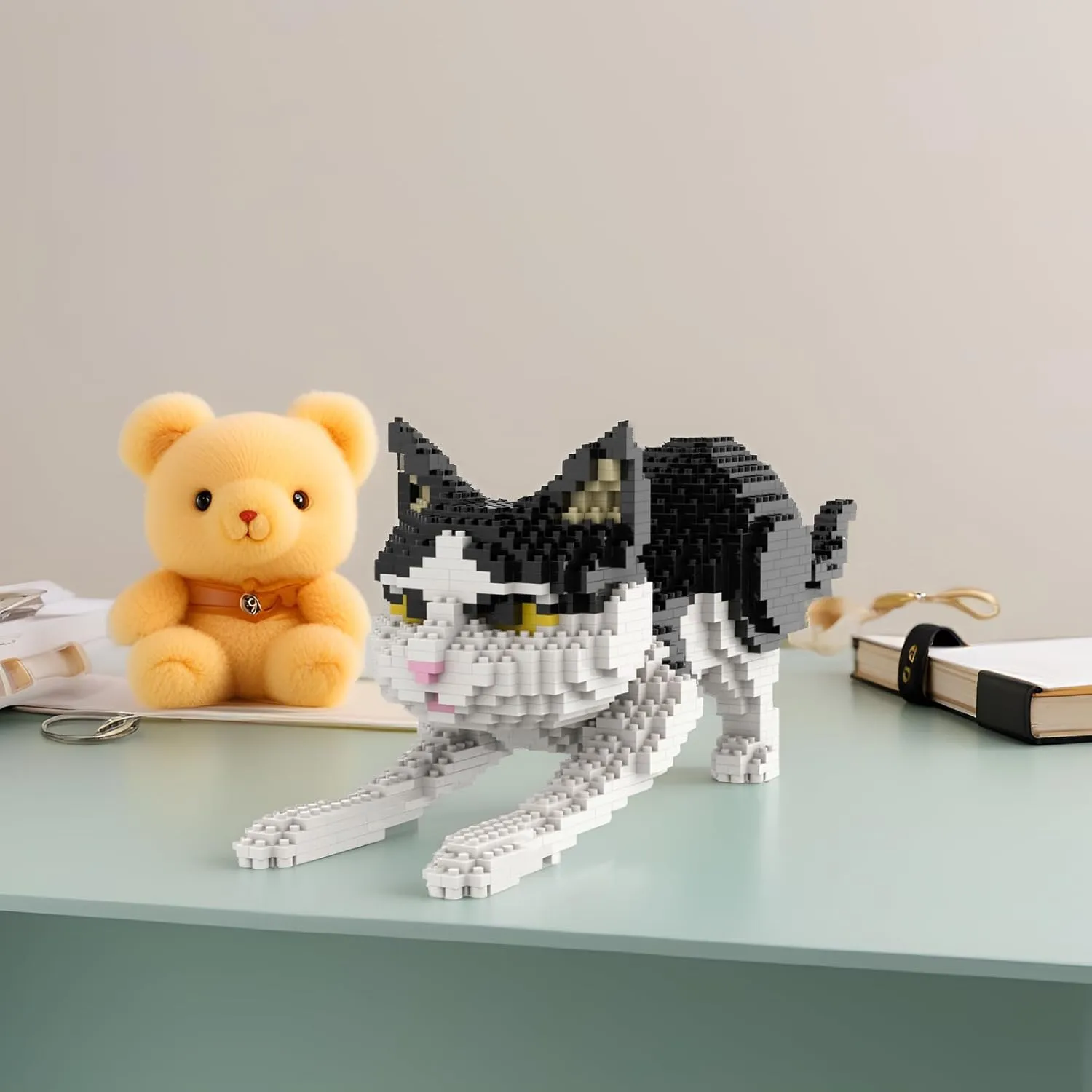 Larcele Cat Mini Building Blocks Animal Set, DIY Micro 3D Building Toy Bricks,1390 Pieces KLJM-05(Black and White Cat)