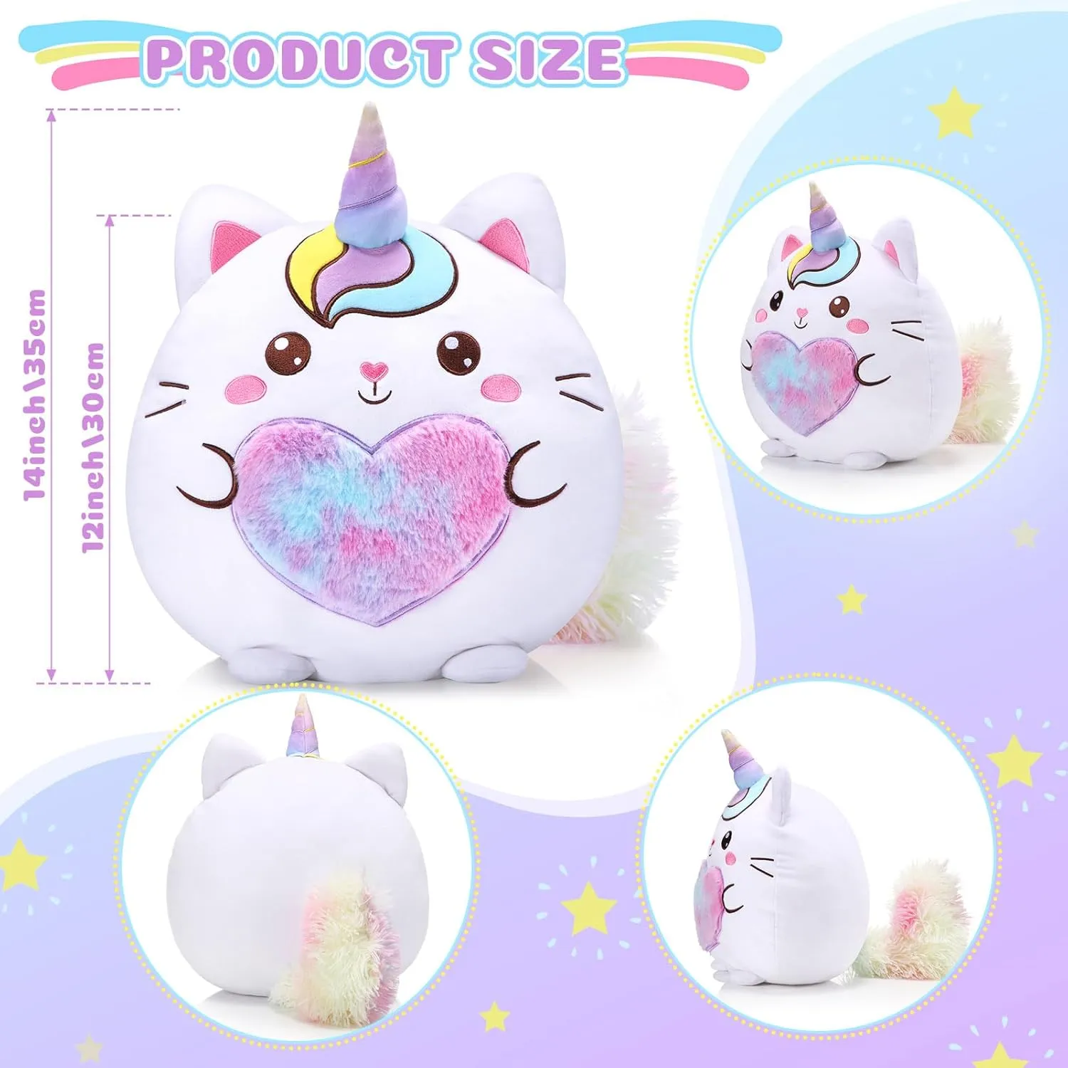 Leyndo Stuffed Unicorn Pillow Plush 14 Inch Cat Plush Toy Unicorn Cat Stuffed Animal Cute Birthday Kitty Plushies Pillow Birthday Gifts for Kids Toddlers Girls Boys Room Sofa Car Decor(Cute)