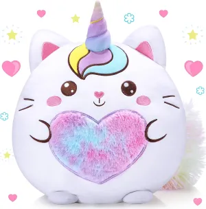 Leyndo Stuffed Unicorn Pillow Plush 14 Inch Cat Plush Toy Unicorn Cat Stuffed Animal Cute Birthday Kitty Plushies Pillow Birthday Gifts for Kids Toddlers Girls Boys Room Sofa Car Decor(Cute)