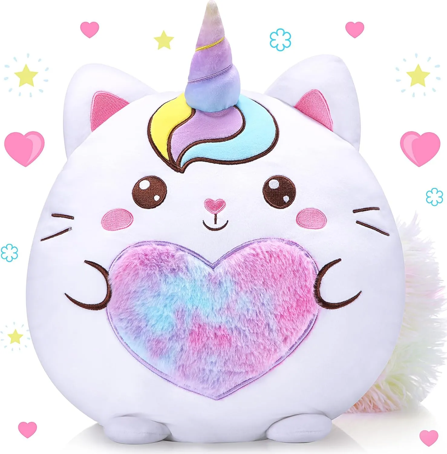 Leyndo Stuffed Unicorn Pillow Plush 14 Inch Cat Plush Toy Unicorn Cat Stuffed Animal Cute Birthday Kitty Plushies Pillow Birthday Gifts for Kids Toddlers Girls Boys Room Sofa Car Decor(Cute)