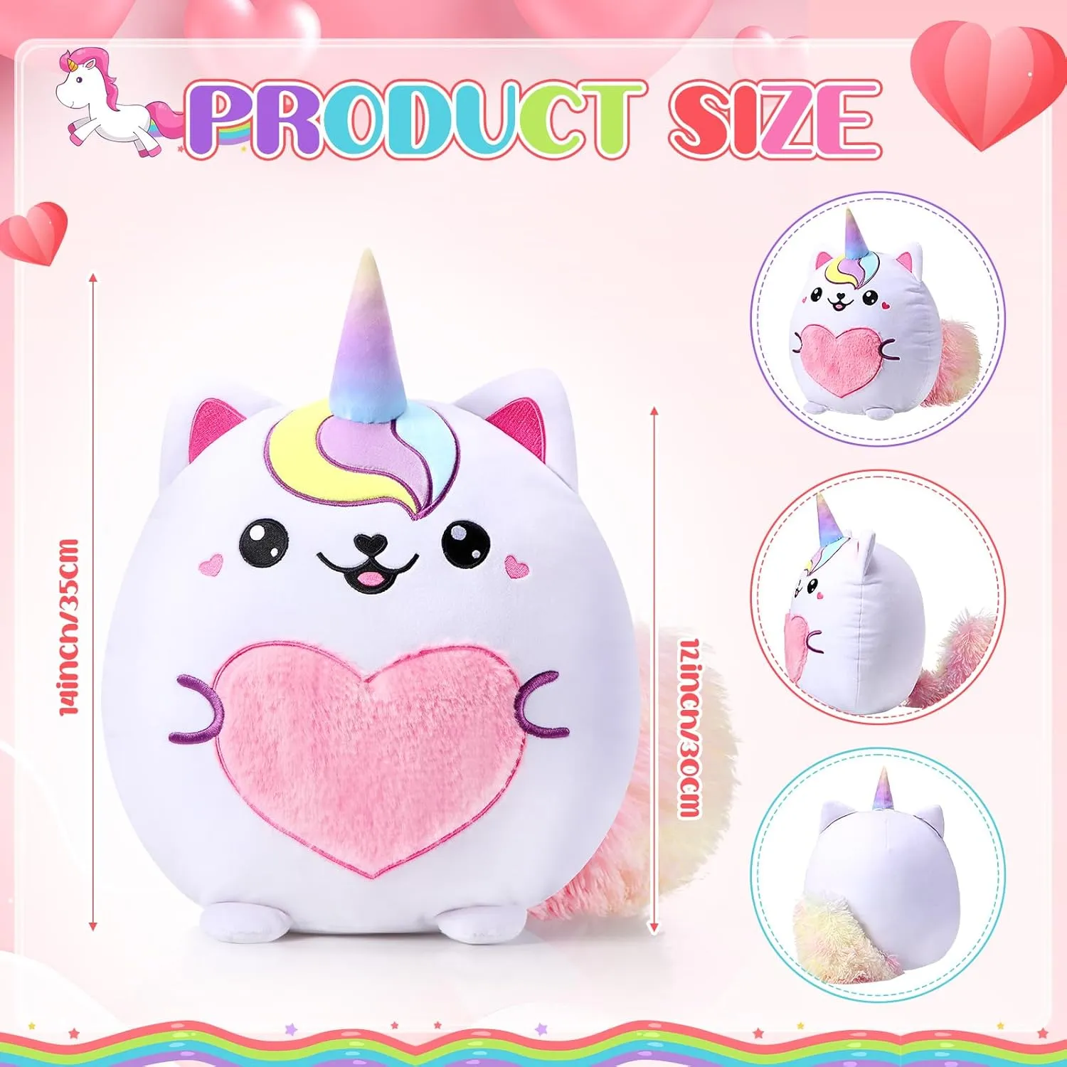 Leyndo Stuffed Unicorn Pillow Plush 14 Inch Cat Plush Toy Unicorn Cat Stuffed Animal Cute Birthday Kitty Plushies Pillow Birthday Gifts for Kids Toddlers Girls Boys Room Sofa Car Decor(Lovely)