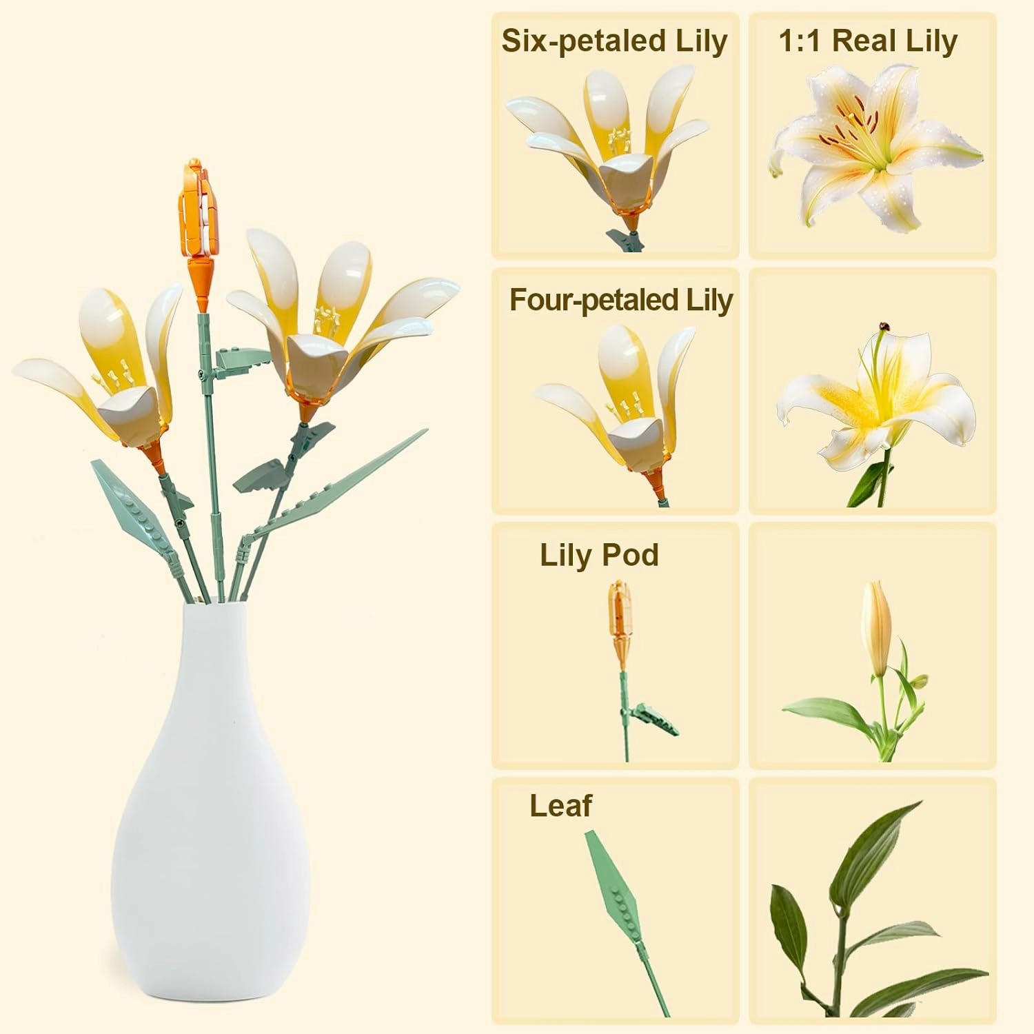 Lily Flower Building Kit for Adults, Flower Bouquet Building Block Set, Artificial Flowers Mini Building Bricks for Gifts/Home Decor, Botanical Collection (Orange)