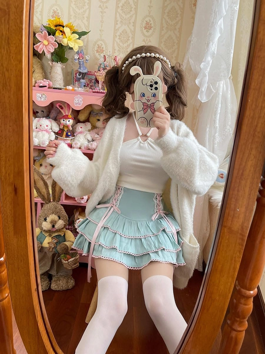 Lolita Tiered Mini Skirt Women Skorts Kawaii Layered Ruffle High Waist Lace Up A Line Cute Skirts for Teen Girls