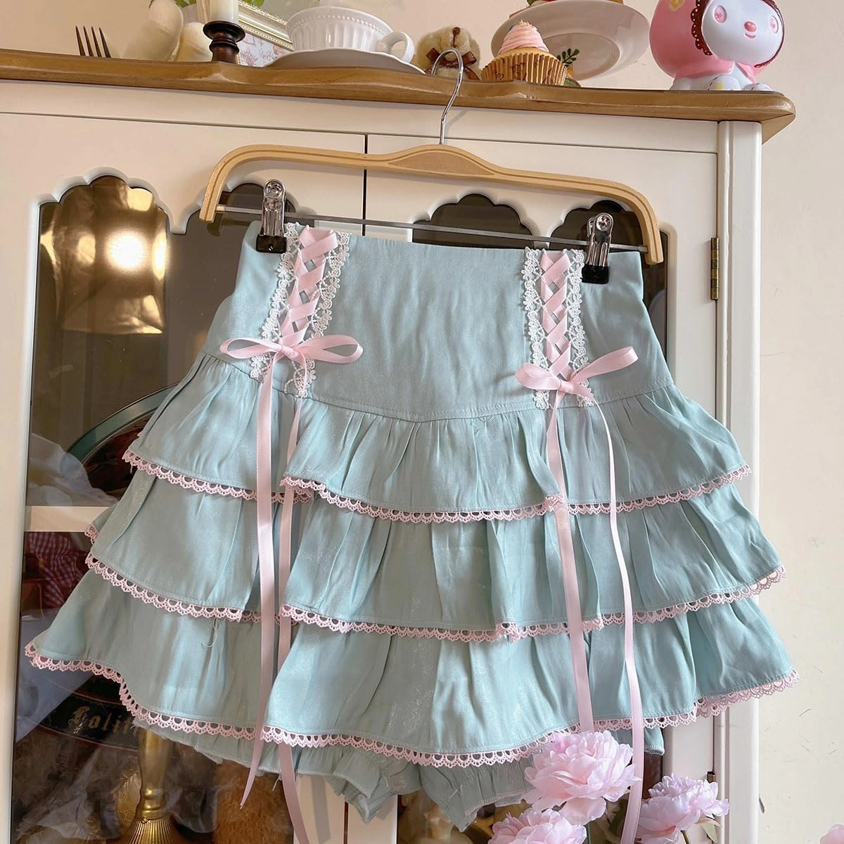 Lolita Tiered Mini Skirt Women Skorts Kawaii Layered Ruffle High Waist Lace Up A Line Cute Skirts for Teen Girls