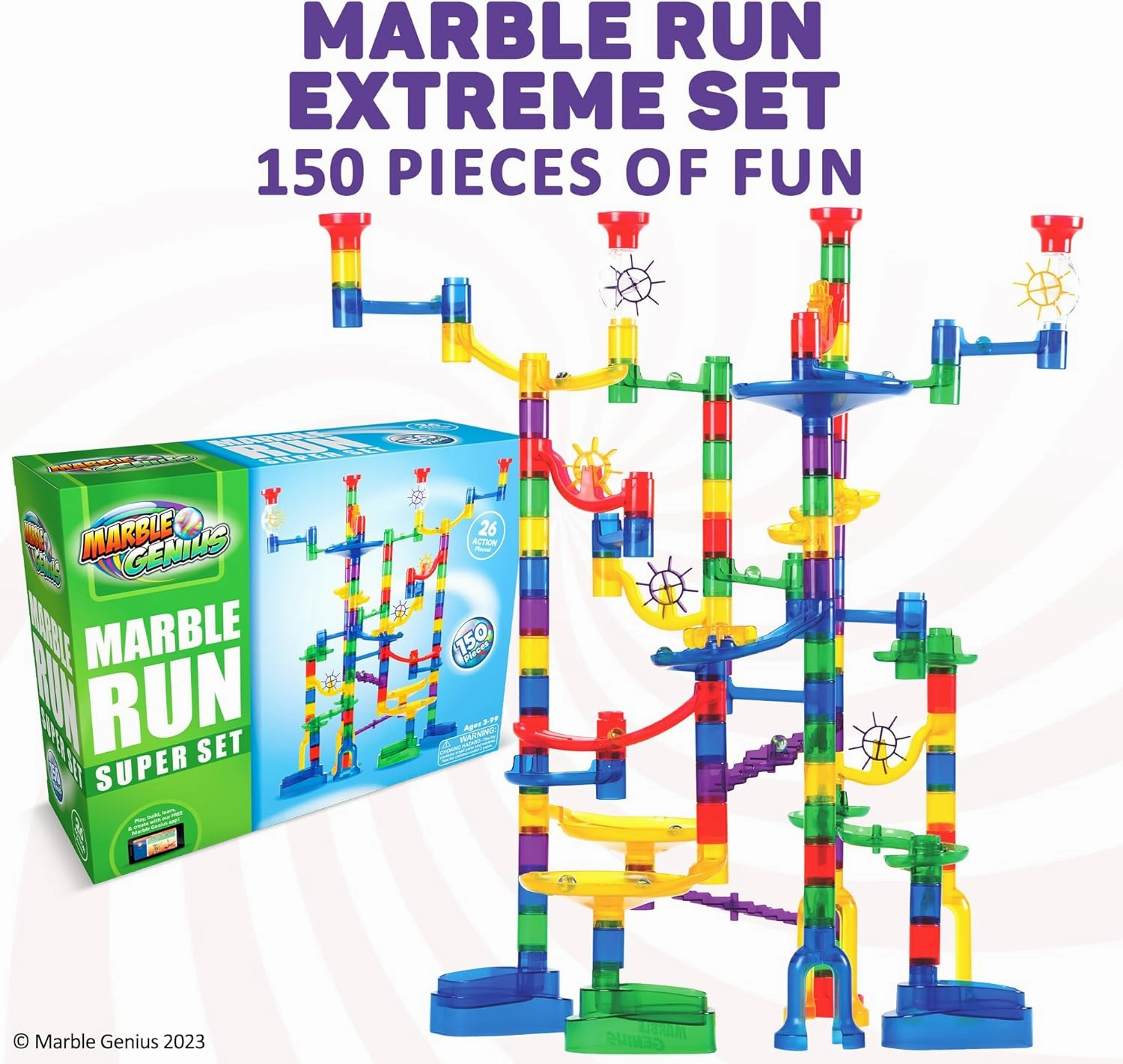 Marble Genius Marble Run - 150 Complete Pieces Maze Track Toys for Adults, Teens, Toddlers & Kids Aged 4-8 Years Old, (85 Translucent Marbulous Pieces   65 Glass-Marble Set), Super Set