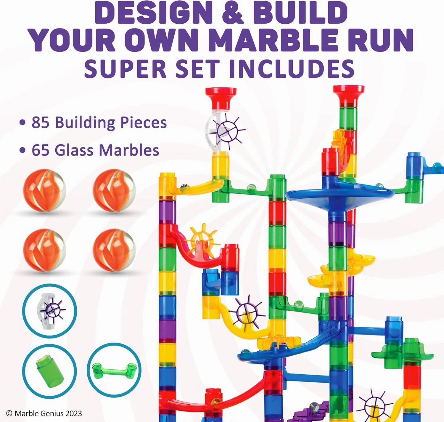 Marble Genius Marble Run - 150 Complete Pieces Maze Track Toys for Adults, Teens, Toddlers & Kids Aged 4-8 Years Old, (85 Translucent Marbulous Pieces   65 Glass-Marble Set), Super Set