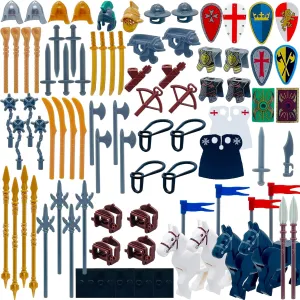 Medieval Knight Weapons Pack Accessories Set with 4 War Horse Building Block Toy Armor Helmet Shield Bow Arrow Pike Designed for Mini Figures Gift for Kids Boys Girls Building Kits