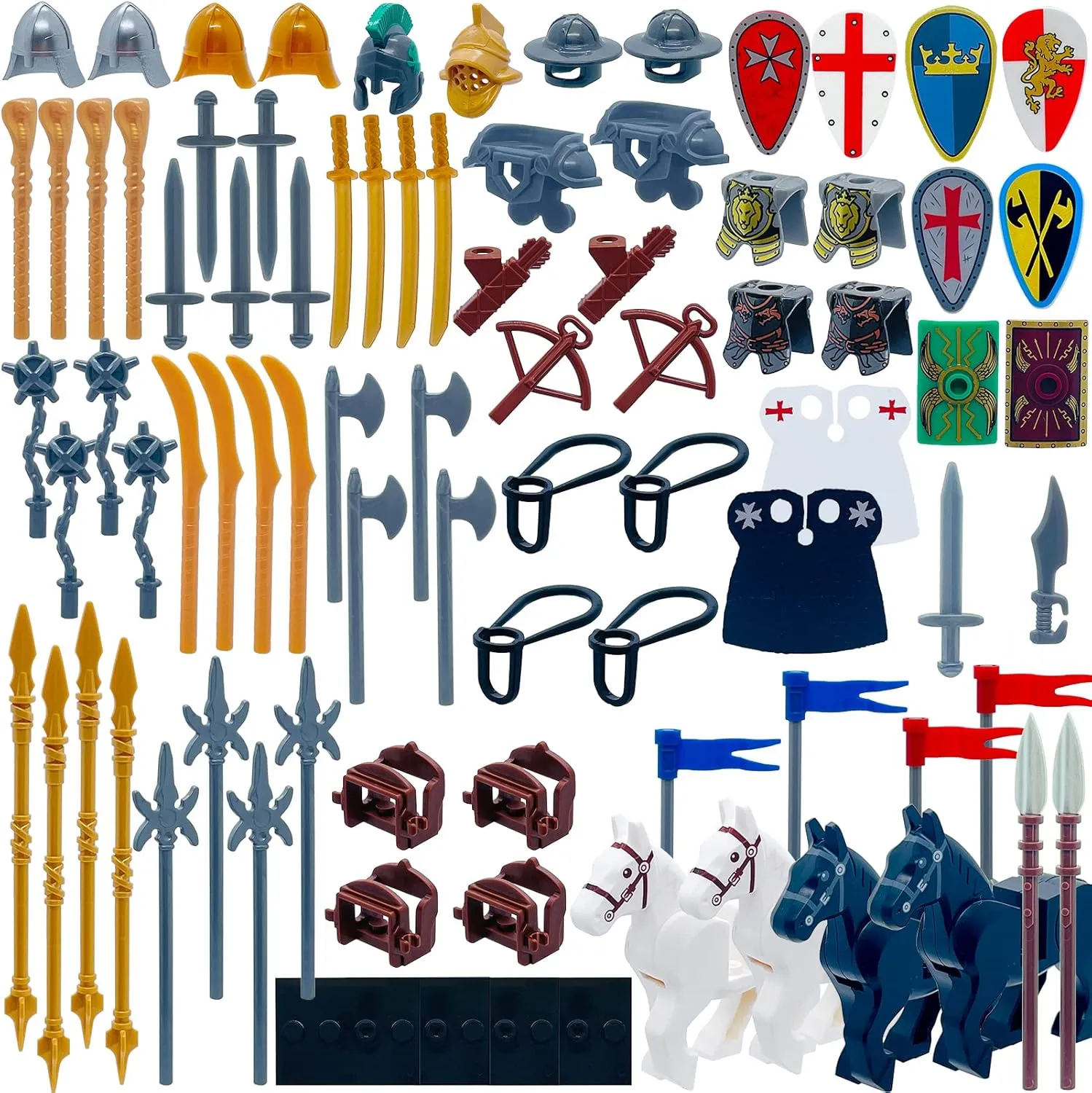 Medieval Knight Weapons Pack Accessories Set with 4 War Horse Building Block Toy Armor Helmet Shield Bow Arrow Pike Designed for Mini Figures Gift for Kids Boys Girls Building Kits